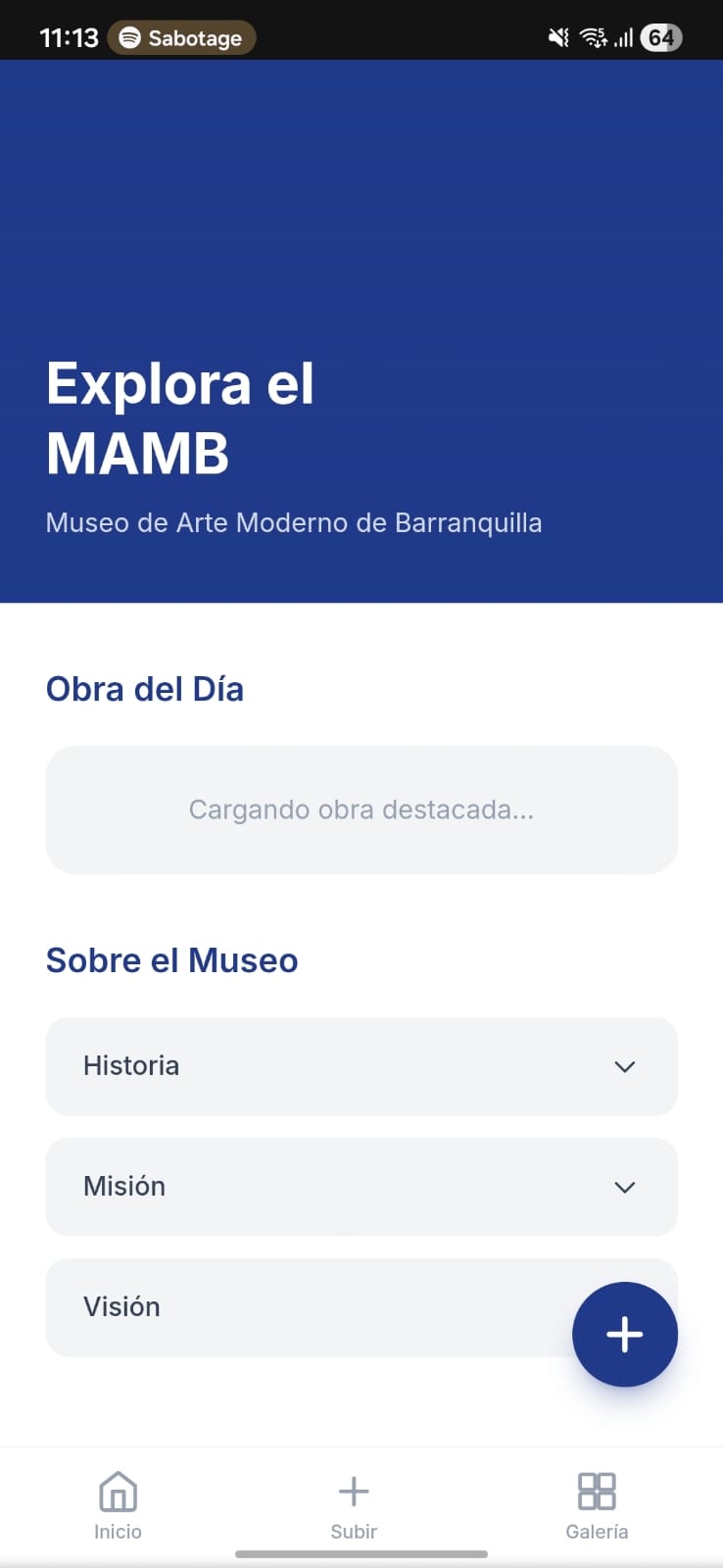 Home del MAMB con la obra del día y el FAB de subir